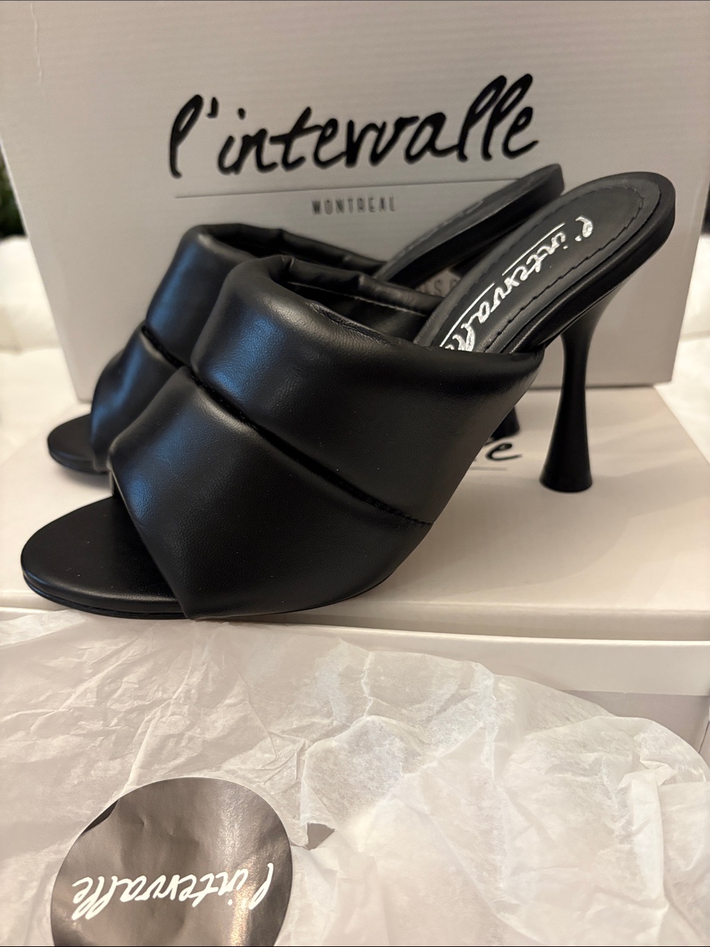 L'intervalle Black Padded Mule Heels With Flared Stiletto
